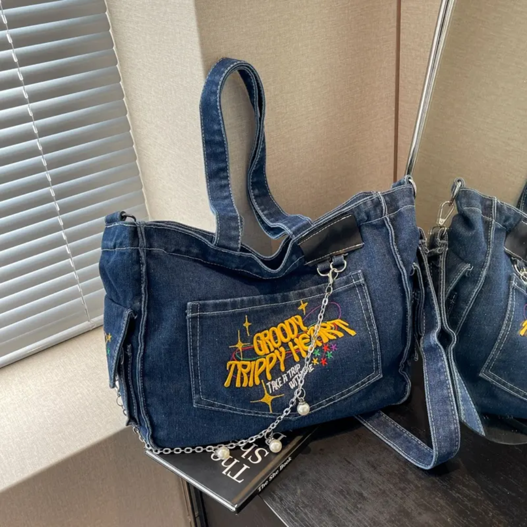 Groovy Trippy Denim tote Bag