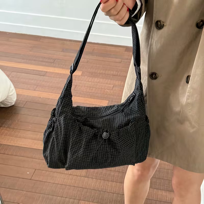 Midnight Grid Ruched Shoulder Bag