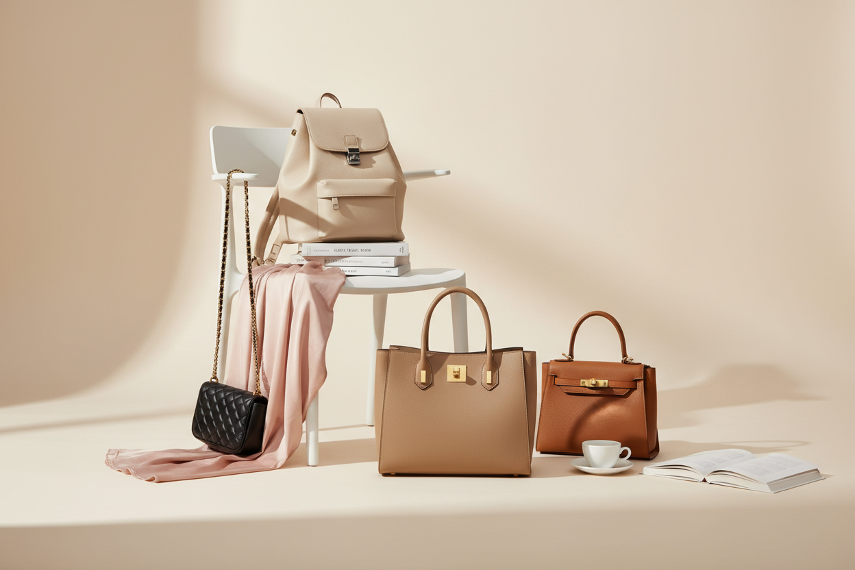 A high-end lifestyle banner showcasing a stylish collection of women’s bags — including a tote bag, sling bag, backpack, and handbag — arranged aesthetically in a minimal studio setup. Soft natural lighting, clean beige or cream background with subtle shadows, giving a premium fashion brand look. Add elegant props like a chair, book, coffee cup, and silk fabric for texture. The bags should look modern, chic, and luxurious, matching a brand like Lucien Bags. No text, no people, just the products beautifully