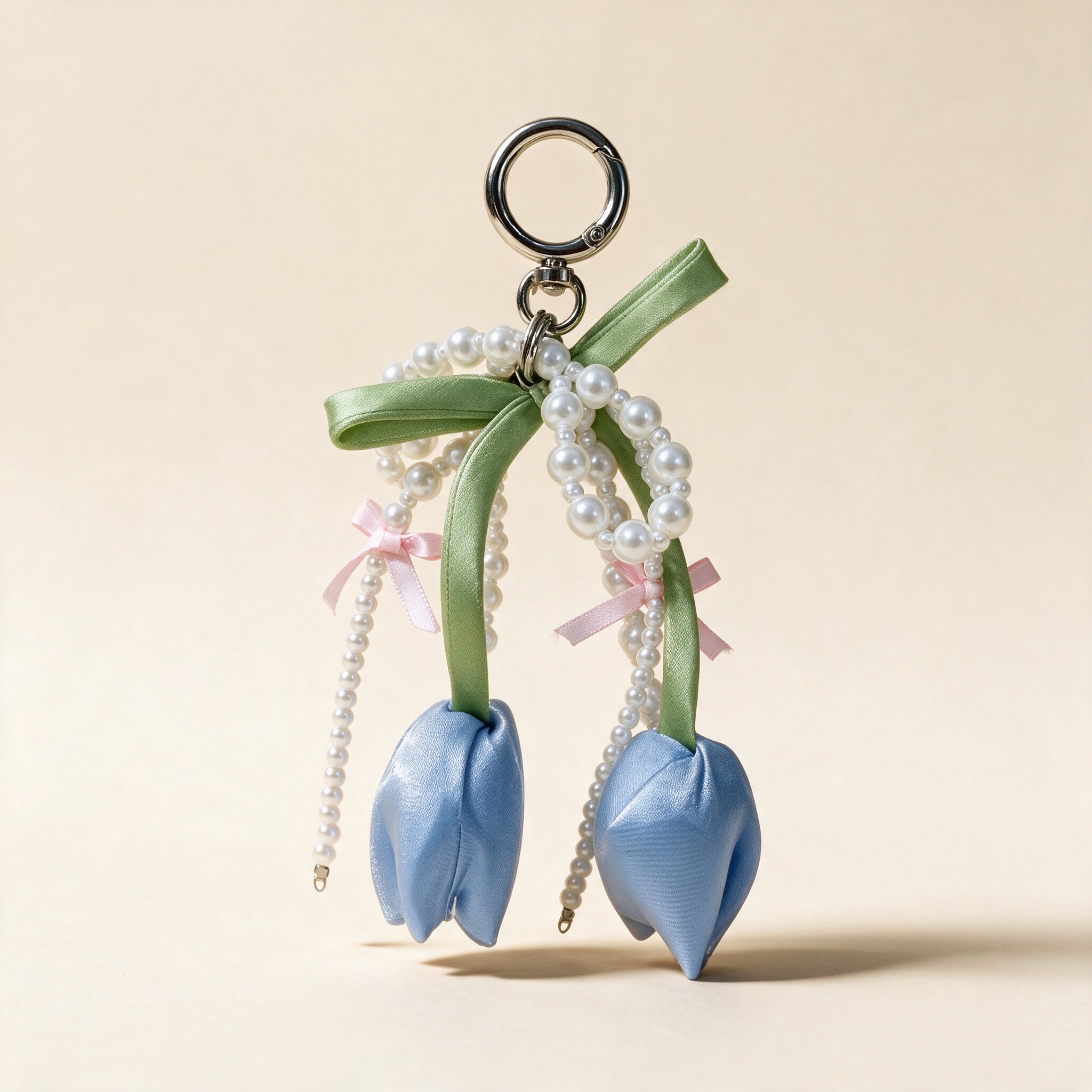Blue Tulip & Pearl Bow Charm Keychain