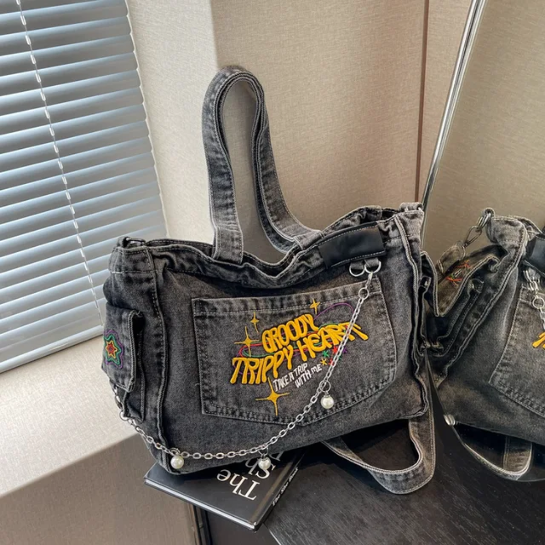 Groovy Trippy Denim tote Bag