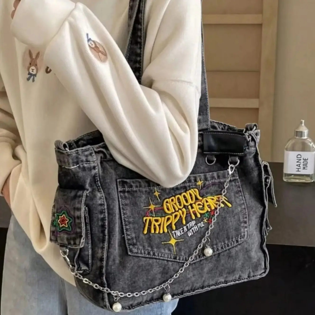 Groovy Trippy Denim tote Bag