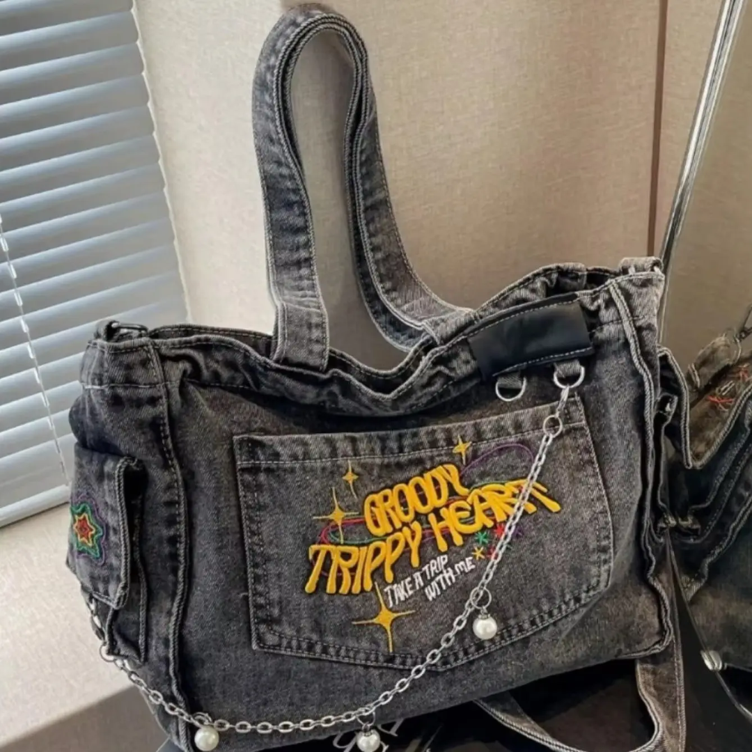 Groovy Trippy Denim tote Bag