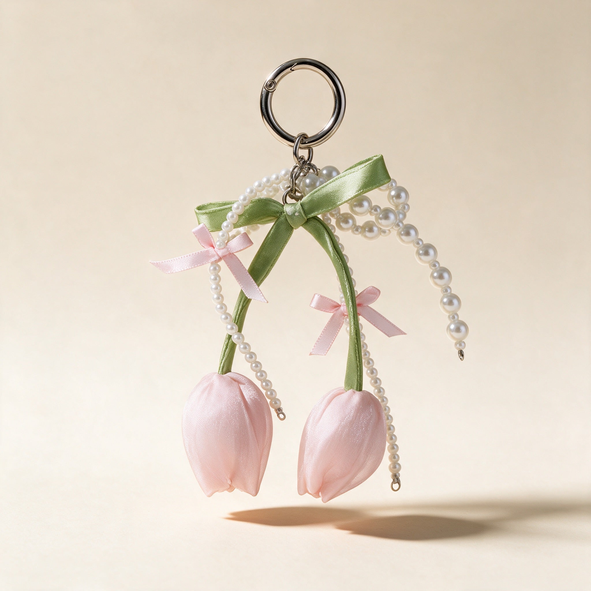 Pink Tulip & Pearl Bow Charm Keychain